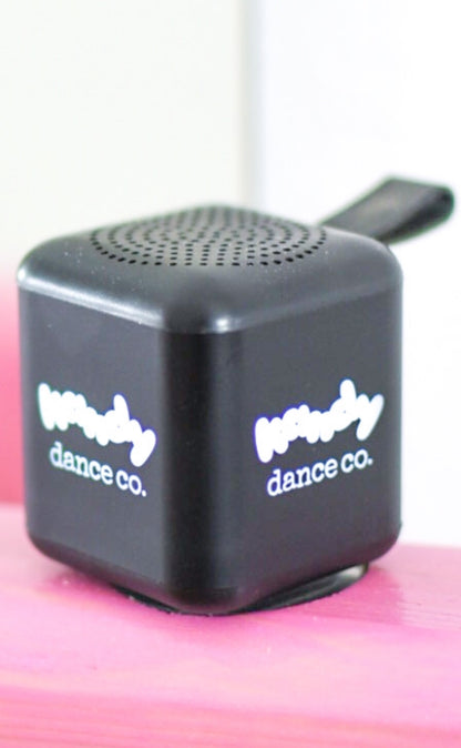 Black 3-watt mini cube speaker with selfie button